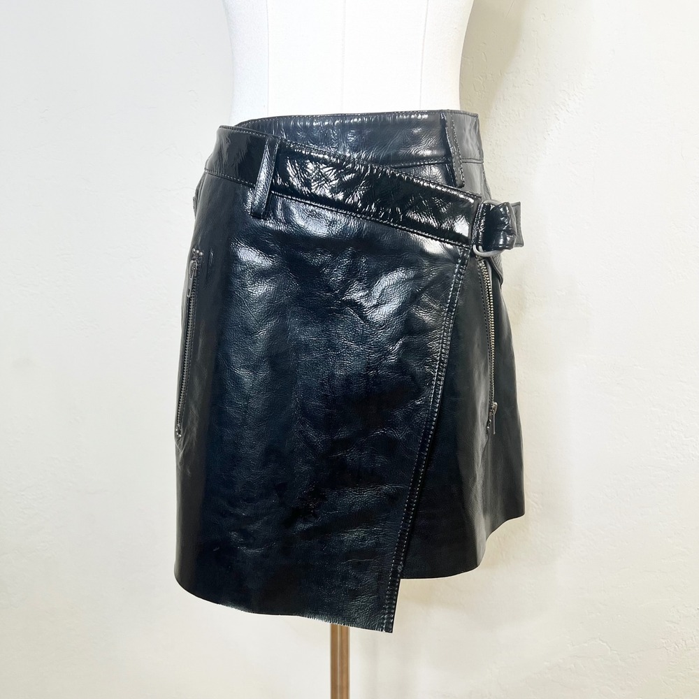 Ksubi Dreams Skirt Black Patent Lamb Leather Moto Mini Skirt Size 25 NEW